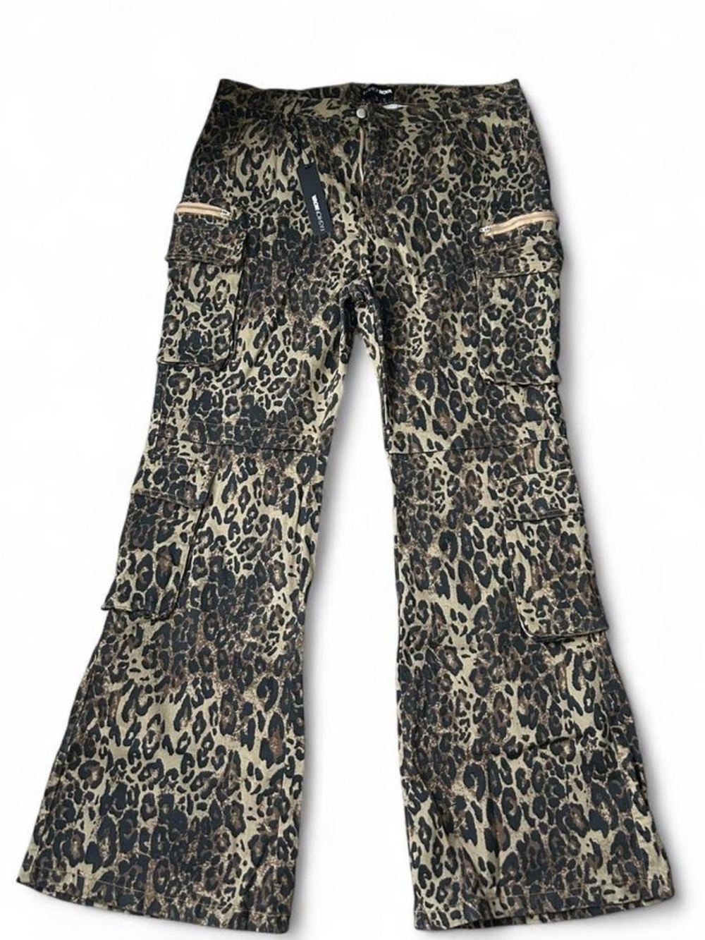 Fashion Nova Leopard Cargo Flare Pants - Beige & Black